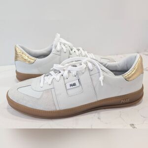 New P448 Monza Tulum Italy leather sneaker White Gold Heel Low Top Men 43 Us 10